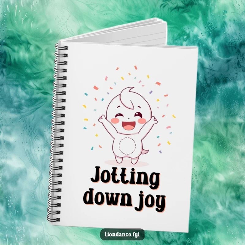 Funny notebook with a happy character with a wide smile, joyfully tossing confetti, perfect for jotting down notes with cheer.