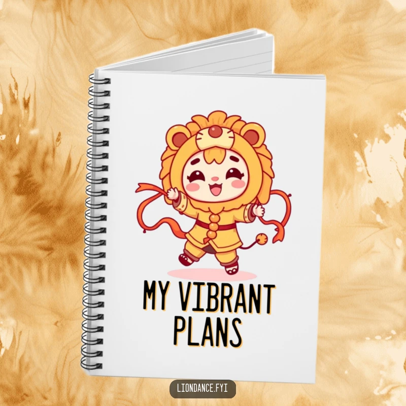 Funny character dancing with flowing ribbons and a lion costume on a notebook cover, great for jotting down fun thoughts.