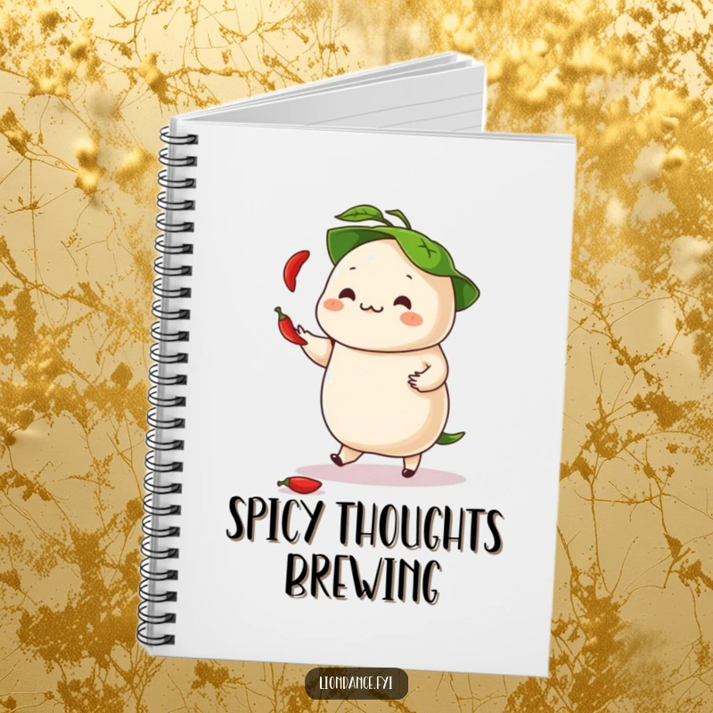 Funny notebook cover with a dancing dumpling juggling chili peppers, its leafy hat adding a playful touch.