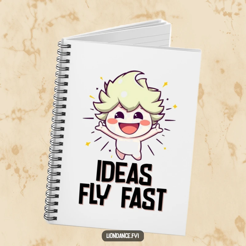 Funny notebook with a smiling character bursting with energetic movement, perfect for journaling and creative writing.