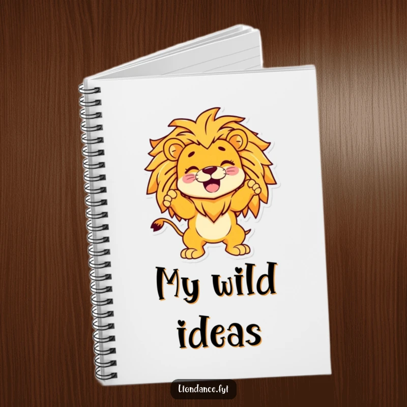 Funny notebook with a giggling cartoon character striking a heroic pose inside a lion's head, perfect for jotting down funny thoughts.