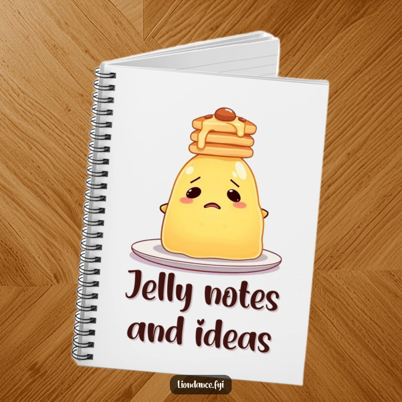 Funny Jelly Pancake Notebook cover with a bewildered blob of jelly attempting to balance a stack of pancakes on its head.