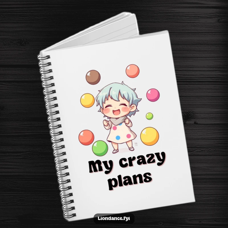 Funny notebook with a character laughing while juggling colorful balls, ideal for jotting down fun ideas with humor.