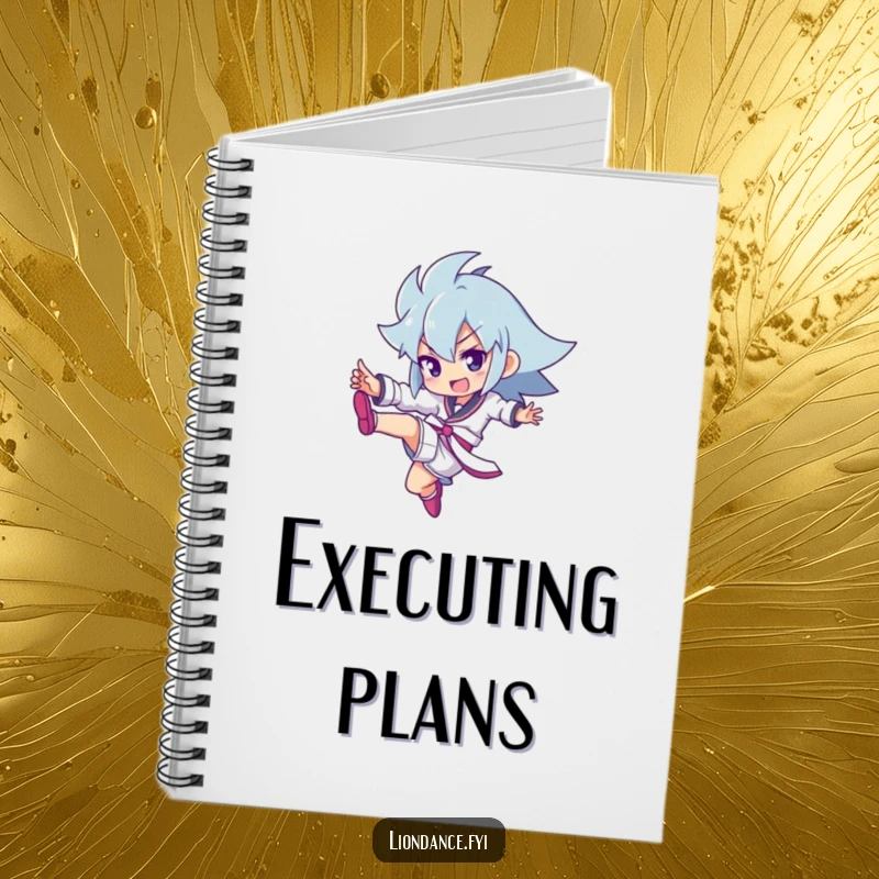 Funny notebook cover with a character performing a dynamic kick, representing planning and decisive action.