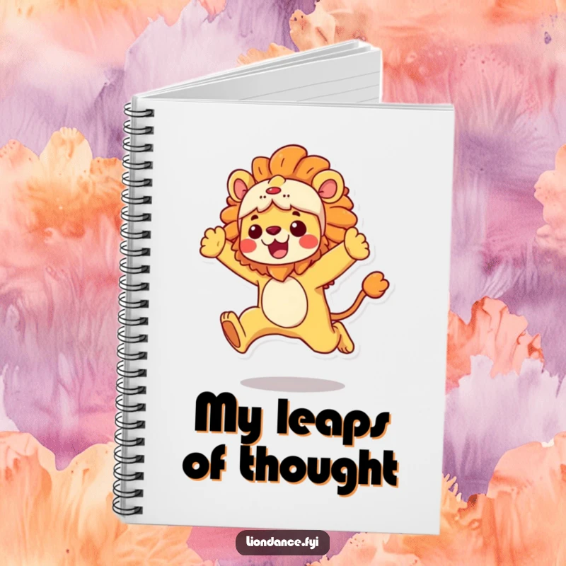 Funny Notebook with a character in a vibrant lion costume making an energetic leap, ideal for note-taking, a unique funny gift.