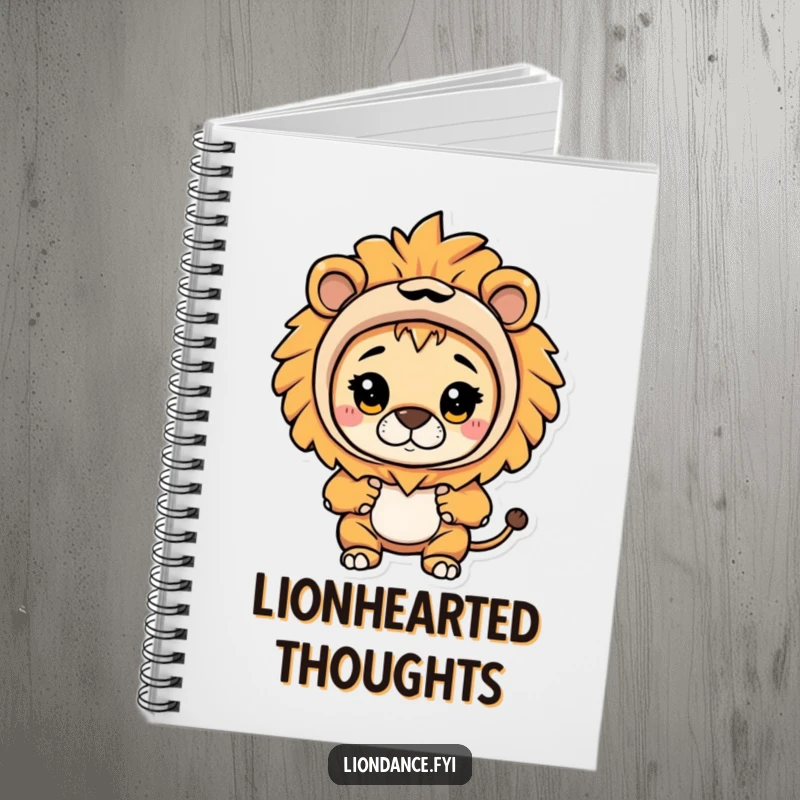 Funny notebook with a character in a lion costume curiously peeking out on the cover, ideal for jotting down ideas with humor.