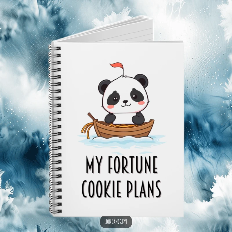 Mischievous panda sailing a fortune cookie boat on a noodle ocean, on the cover of a notebook.