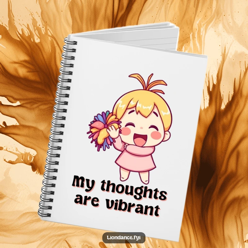 Funny notebook cover with a character enthusiastically waving a colorful pom-pom, perfect for jotting down cheerful thoughts.