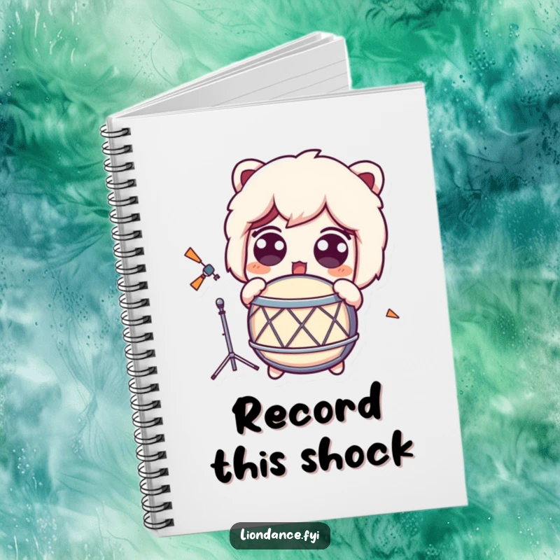 Funny Notebook with a character demonstrating a surprised reaction to a loud drum, great for note-taking.