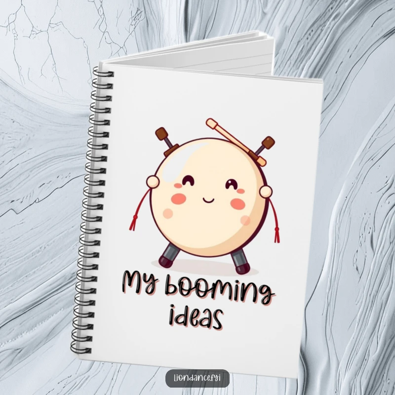 Funny gong mallet notebook featuring a cute gong prop with mallets poised, ideal for capturing musical or general thoughts.