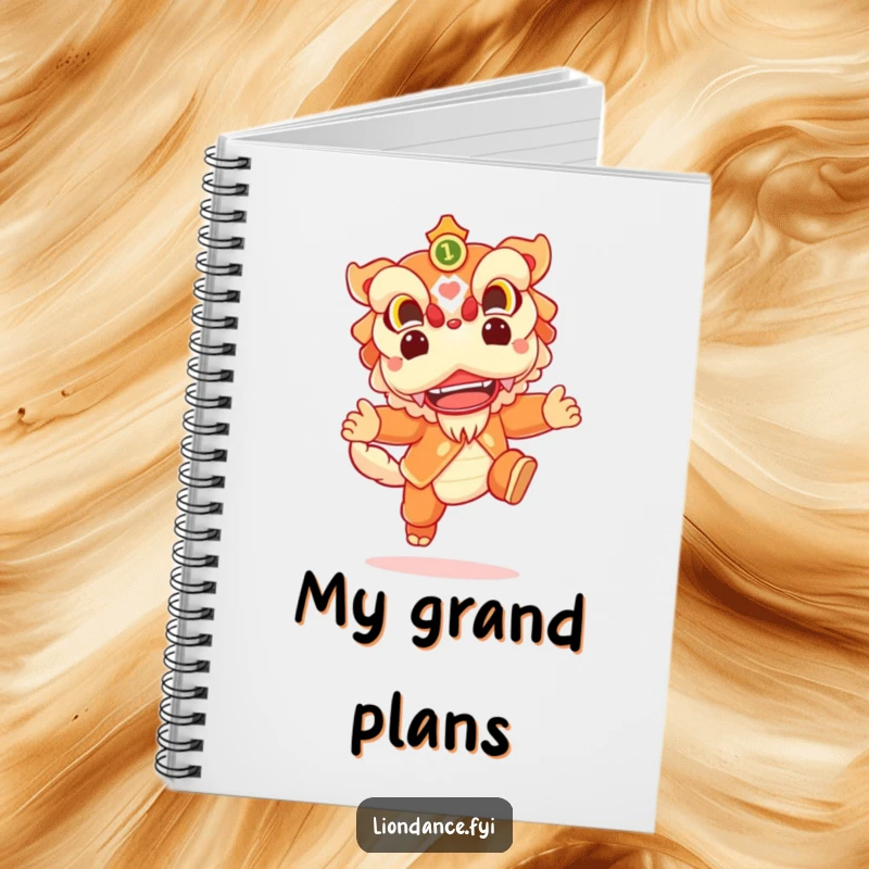 Funny notebook featuring a cheerful lion dance character leaping joyfully, inspiring dynamic and festive note-taking.