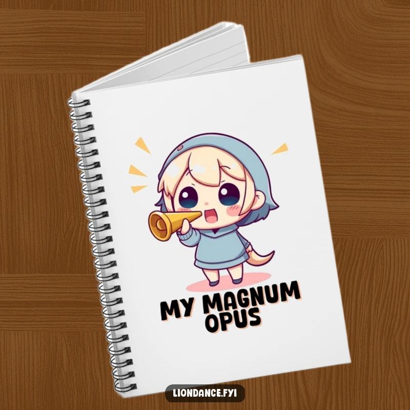 Funny notebook cover with a character blowing a horn, symbolizing the generation of new and exciting ideas.