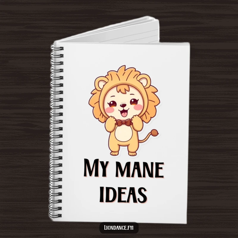 Funny notebook with a cute character in a lion costume doing a playful bow, inspiring creative and humorous writing.