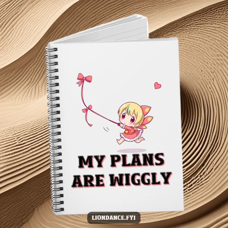 Funny notebook cover with a character playfully chasing a dangling ribbon, perfect for jotting down whimsical ideas.