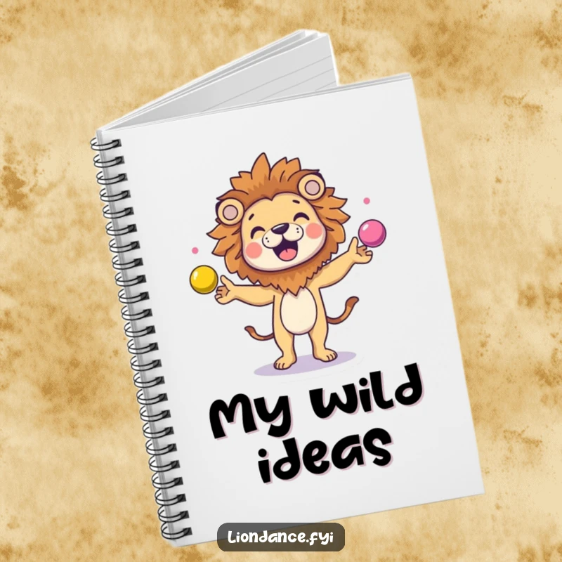 Funny character in a lion head costume juggling colorful balls on a notebook cover, great for jotting down fun thoughts.