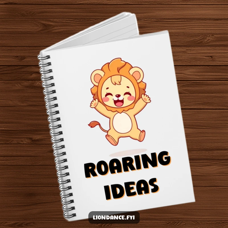 Funny notebook featuring a cute character in a lion costume playfully leaping with joy, perfect for writing.