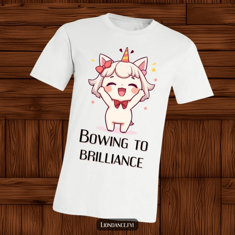 Funny t-shirt featuring a delighted character performing a whimsical, celebratory bow, perfect for expressing flair and humor.