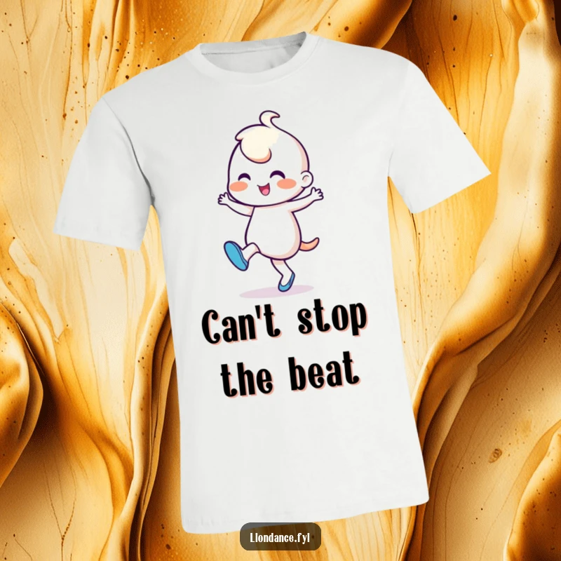 Funny T-Shirt: Cheerful character captured mid-rhythmic dance, tapping its foot with infectious energy and a happy, dancing spirit.