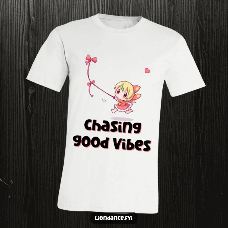 Funny t-shirt depicting a character playfully chasing a dangling ribbon, capturing a moment of focused, joyful pursuit.