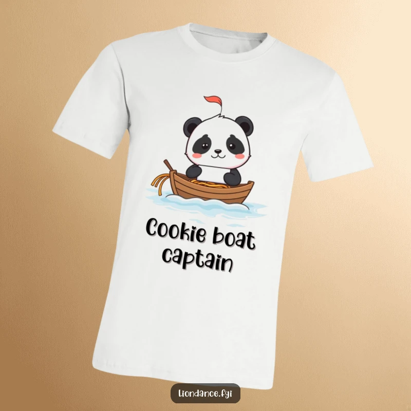 Mischievous panda in a fortune cookie sailboat cruising across an ocean of noodles, printed on a t-shirt.