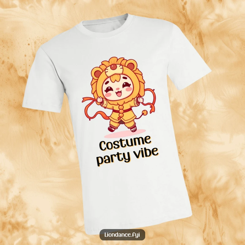 Funny character dancing energetically with flowing ribbons and a lion costume on a t-shirt, capturing a moment of pure fun.