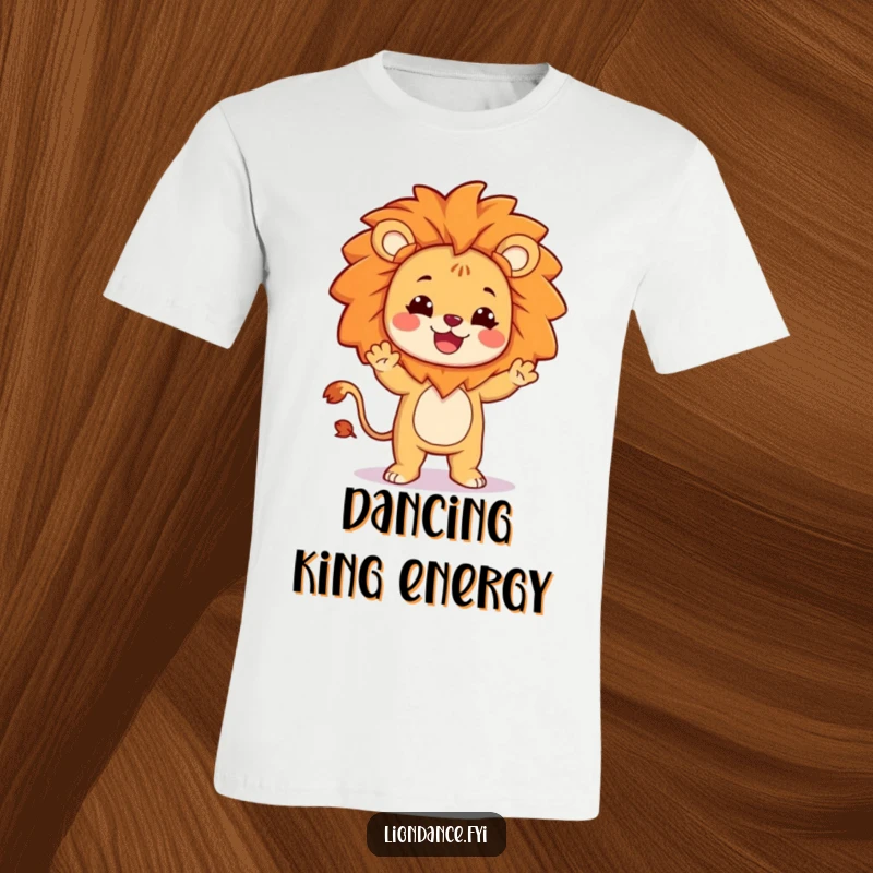 Funny t-shirt featuring a character in a lion costume doing a ridiculously silly and joyful dance.