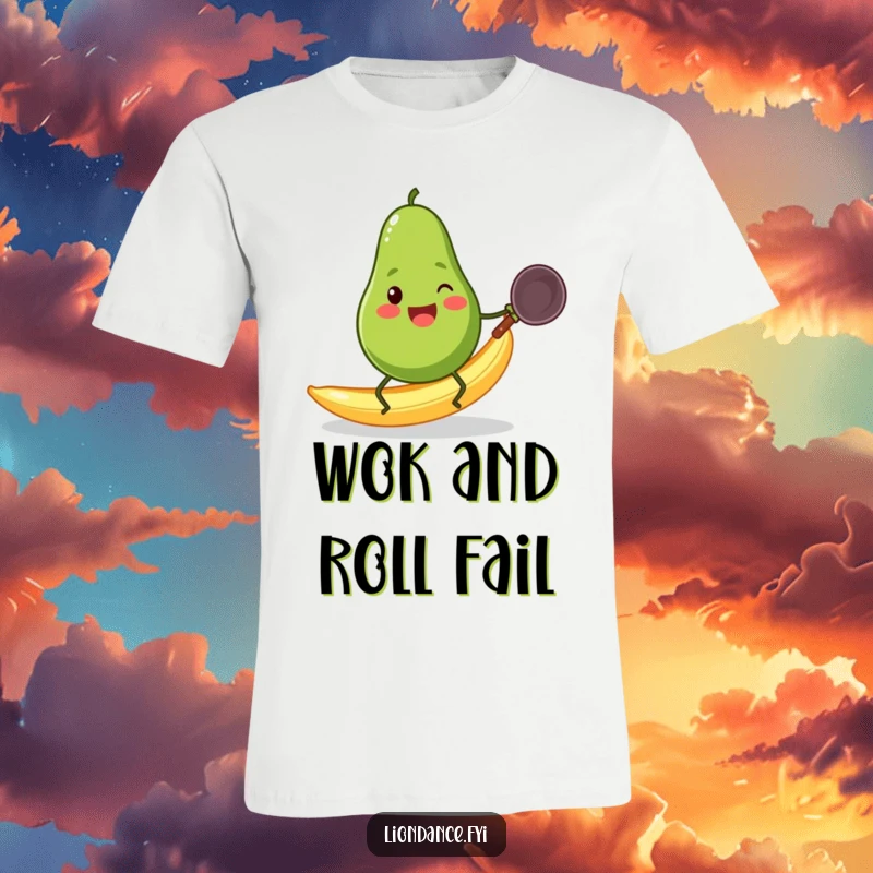 A cheerful avocado with tiny legs is caught in mid-slip on a banana peel, holding a wok, on a t-shirt.