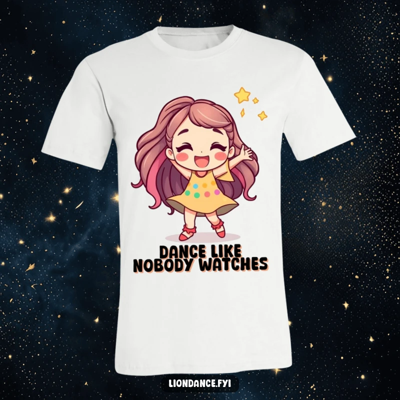 Funny t-shirt with a jubilant cartoon character dancing dynamically, capturing the infectious energy and spirit of celebration.