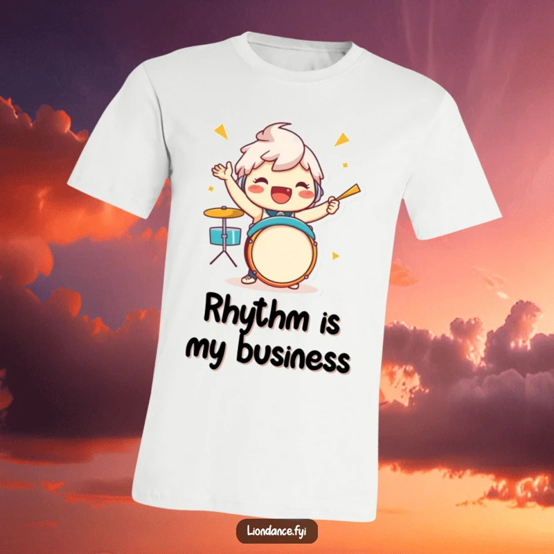 Funny drummer character t-shirt depicting a jubilant figure in full swing, enthusiastically playing a vibrant drum beat with energetic flair.