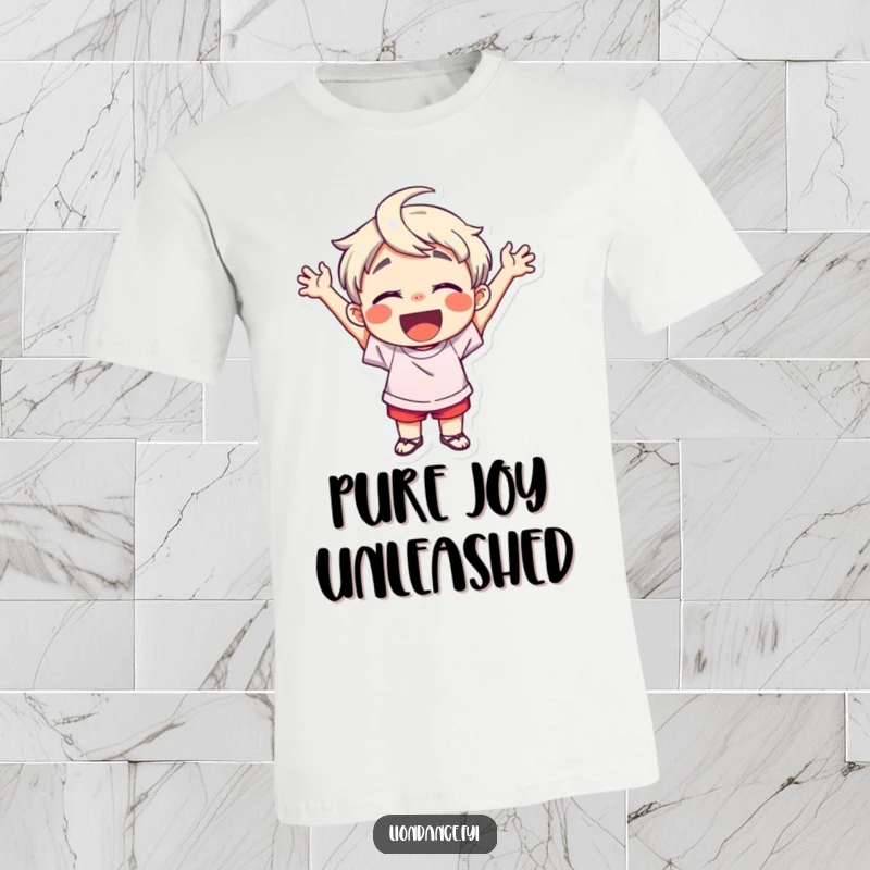 Funny t-shirt showcasing a delighted child character cheering with boundless enthusiasm and a huge smile, perfect for expressing pure, unadulterated happiness.