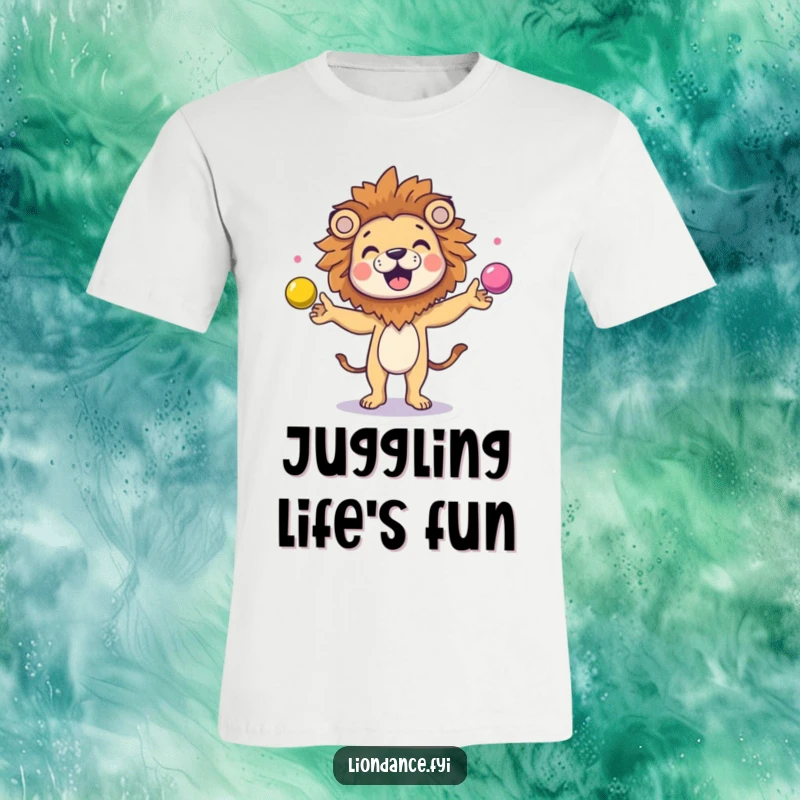 Funny character in a lion head costume joyfully juggling colorful balls on a t-shirt, capturing a moment of pure fun.