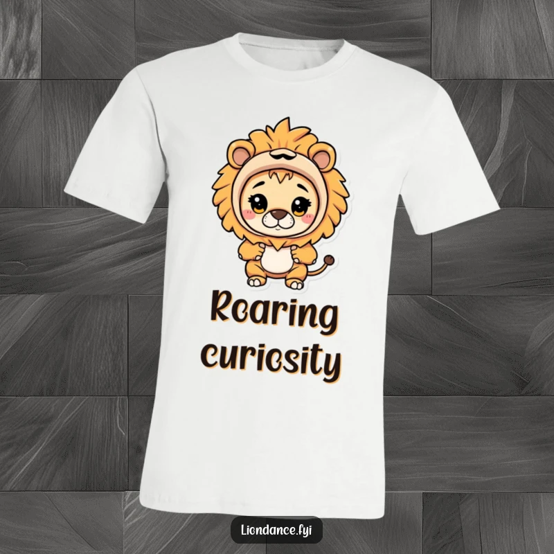 Funny t-shirt with a character in a lion costume curiously peeking out, symbolizing brave exploration and humor.