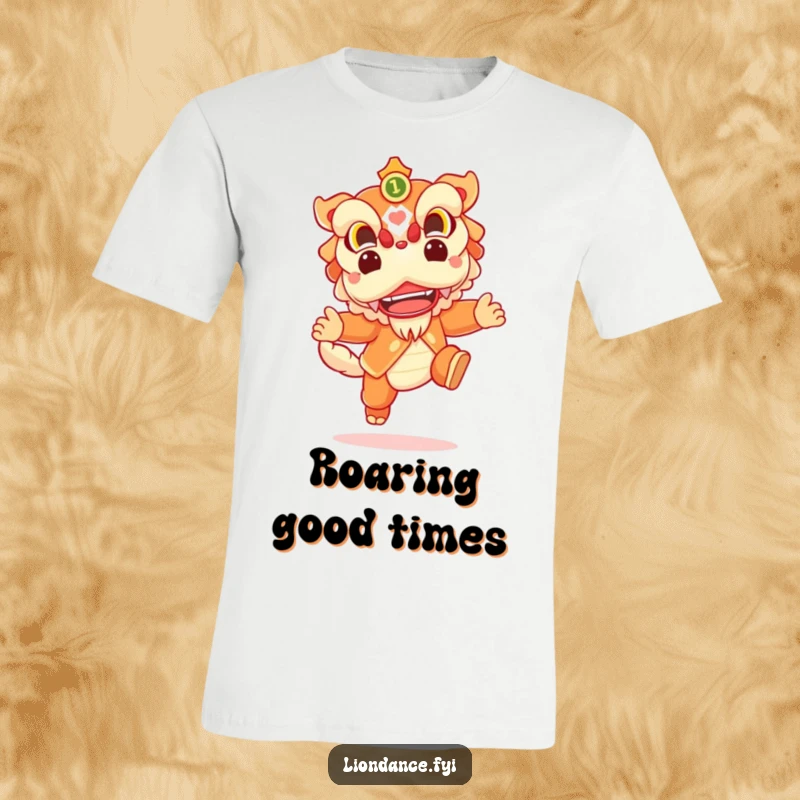 Funny T-shirt showcasing a cheerful lion dance character executing a joyful leap, radiating festive energy and happiness.