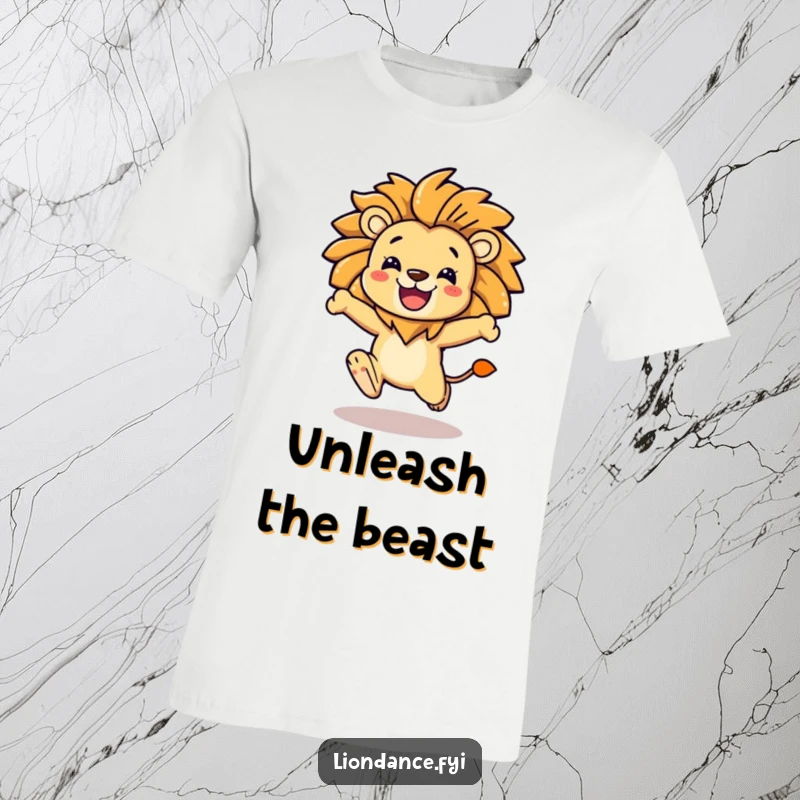 Funny character in mid-leap with a magnificent stylized lion mane, symbolizing joy and power on a t-shirt.