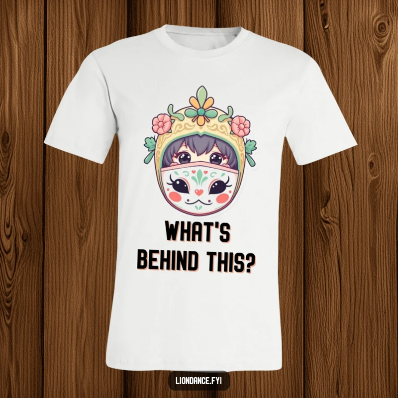 Funny t-shirt featuring a curious character peeking from a decorated mask, a stylish and humorous casual wear option.