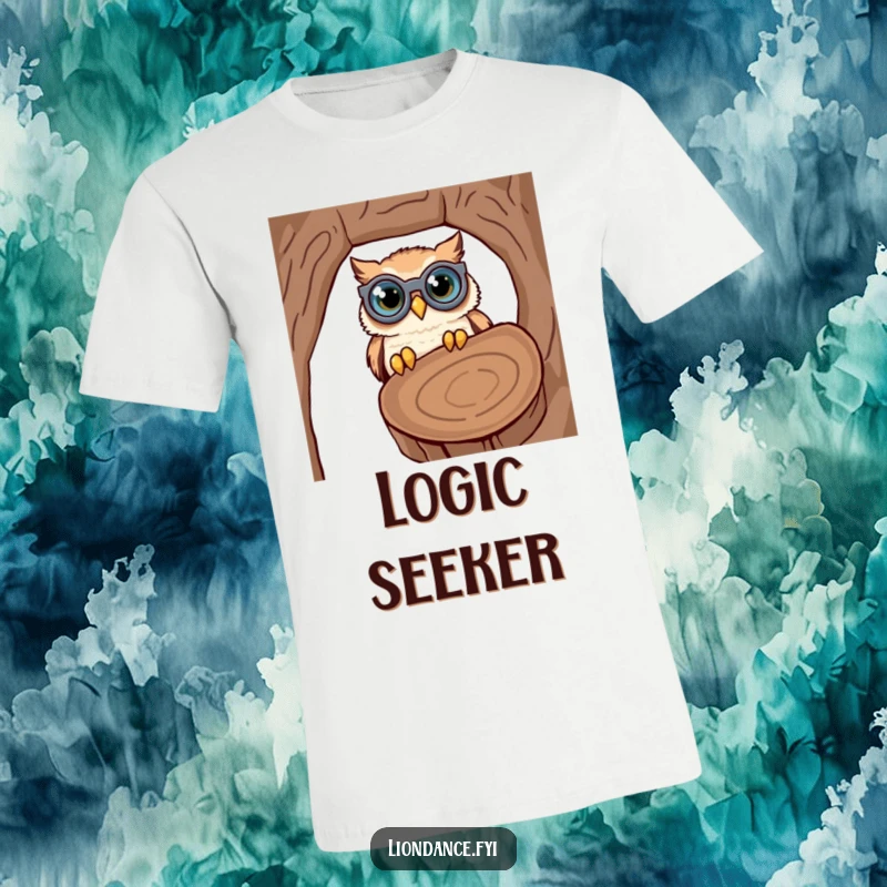 Funny t-shirt graphic of a cute owl with oversized binoculars, comically peering into a hollow log, a humorous nature design.