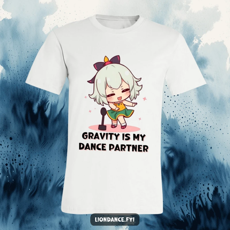 Funny t-shirt depicting a character comically tripping over a prop while enthusiastically dancing, showcasing a humorous performance mishap.