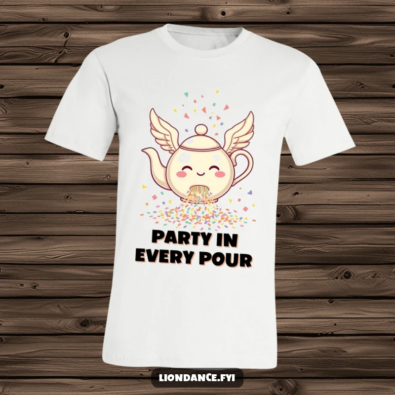 Funny Winged Teapot T-Shirt with a cheerful teapot with wings pouring a delightful stream of colorful confetti.