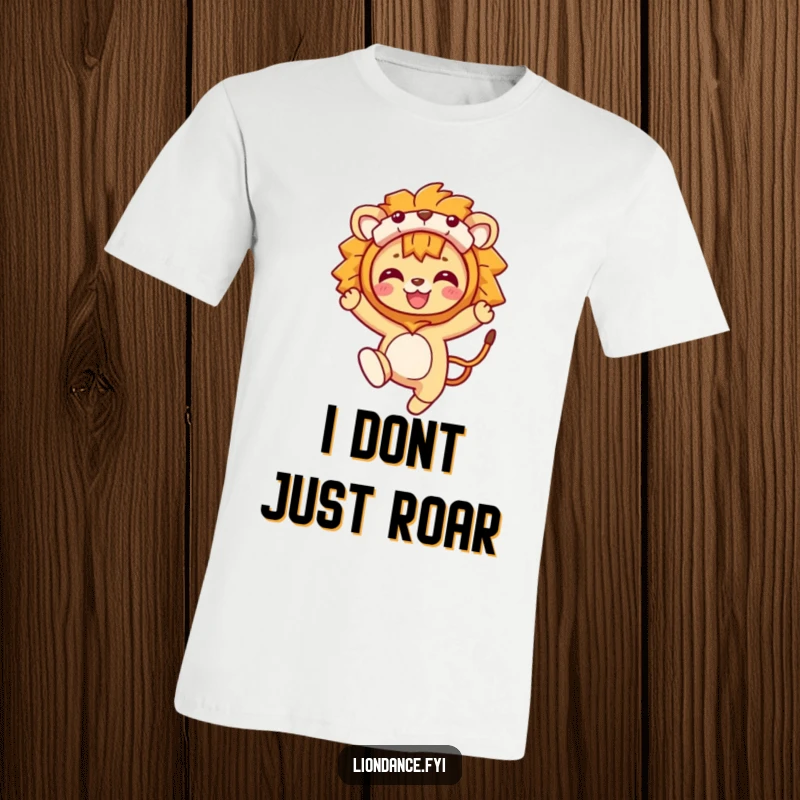 Funny T-Shirt: A character energetically leaping in a lion costume, exuding wildness and playful spirit. Great for costumes or everyday fun.