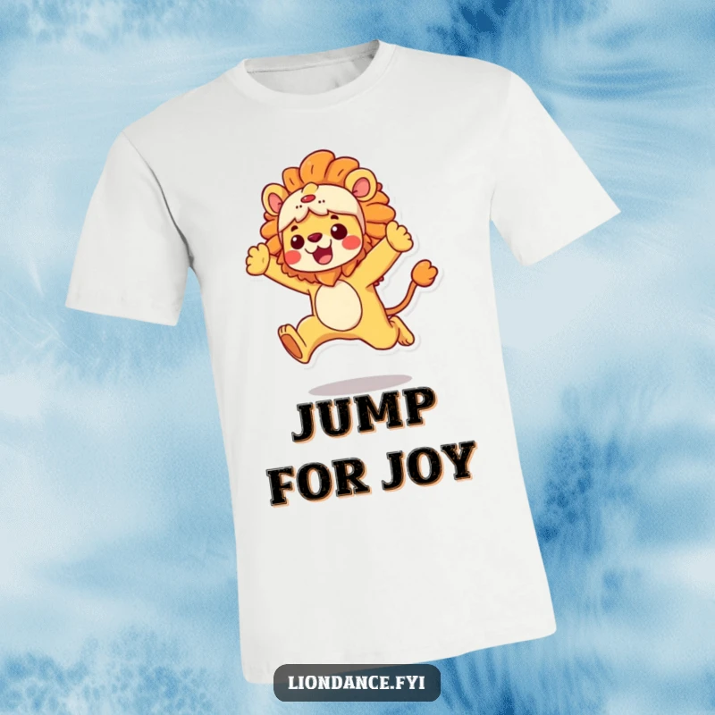 Funny T-Shirt featuring a character in a vibrant lion costume making an energetic leap, capturing motion and excitement, a great funny gift.