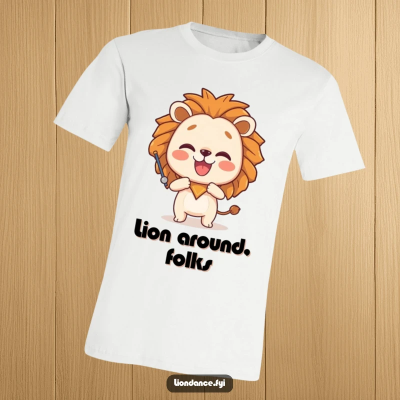 Funny t-shirt with a joyful character posing playfully while holding a big lion head prop, showcasing a fun and adventurous personality.