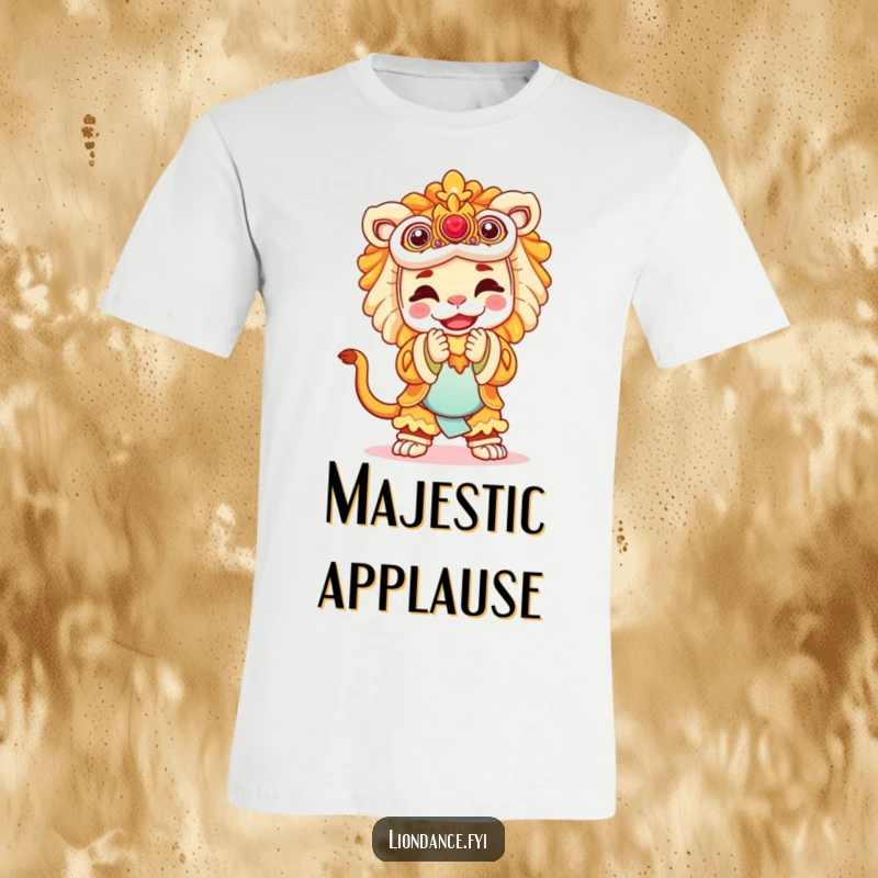 Funny t-shirt with a joyful performer in a lion costume bowing, symbolizing applause-worthy talent and humor.