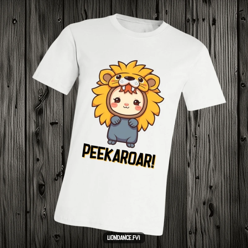 Funny t-shirt showing a character peeking from a colorful lion head costume, a fun and mysterious design.