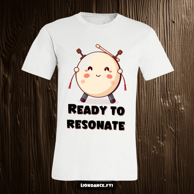 Funny gong strike t-shirt showing a cute gong prop and mallets, emphasizing the anticipation of a humorous strike.