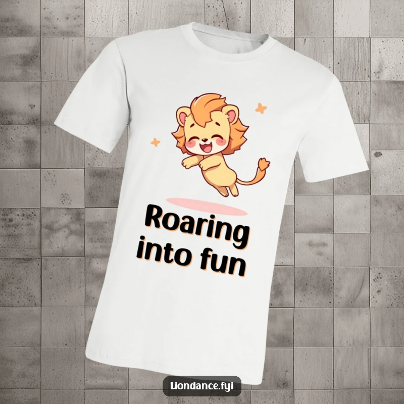Funny t-shirt featuring a delighted character in a joyful tumble, their lion tail flowing dynamically, radiating happiness and playful movement.