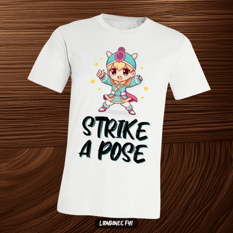 Funny T-Shirt featuring a character in a colorful costume striking a dynamic pose, exuding confidence and style, a great funny gift.
