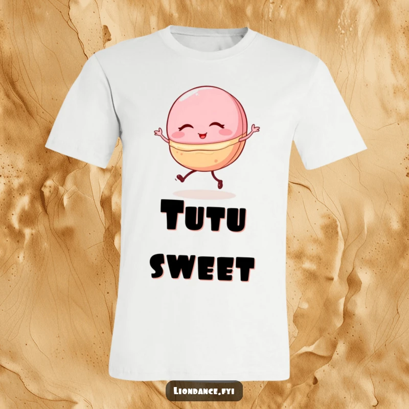 Funny t-shirt graphic of a winking macaron with tiny legs, shakily doing a ballet pirouette, a cute and humorous dessert design.