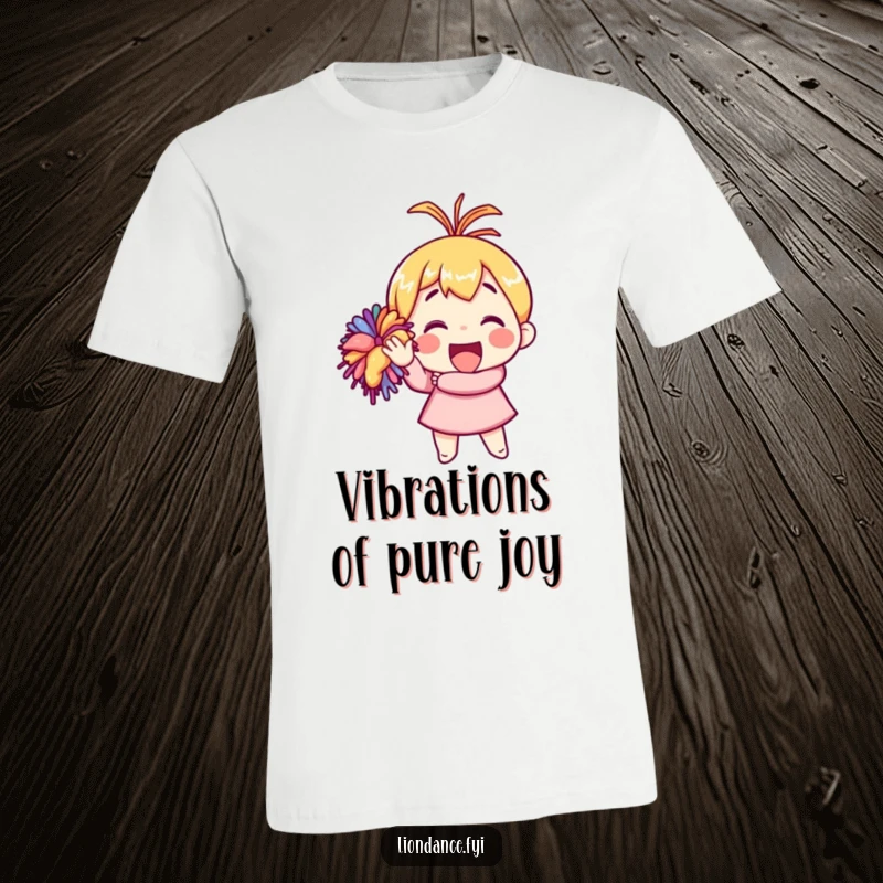 Funny t-shirt of an animated character enthusiastically waving a large, colorful pom-pom, conveying pure joy and energy.