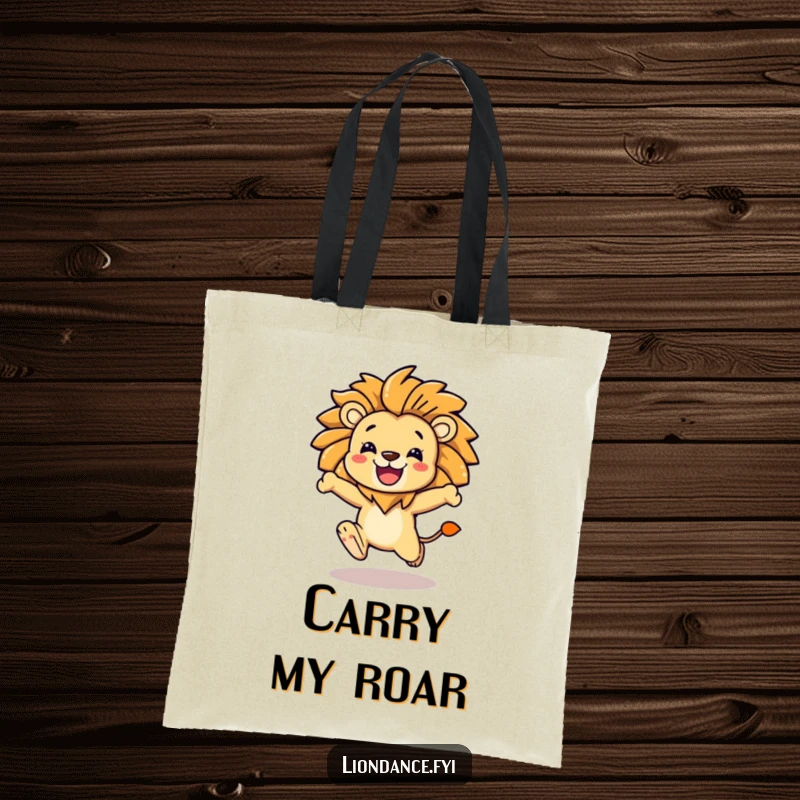 Funny character leaping forward, adorned with a stylized lion mane, on a chic tote bag for a bold statement.