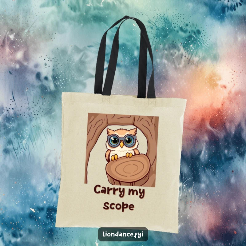 Funny tote bag featuring a cute owl with oversized binoculars, comically peering into a hollow log, a humorous and practical accessory.